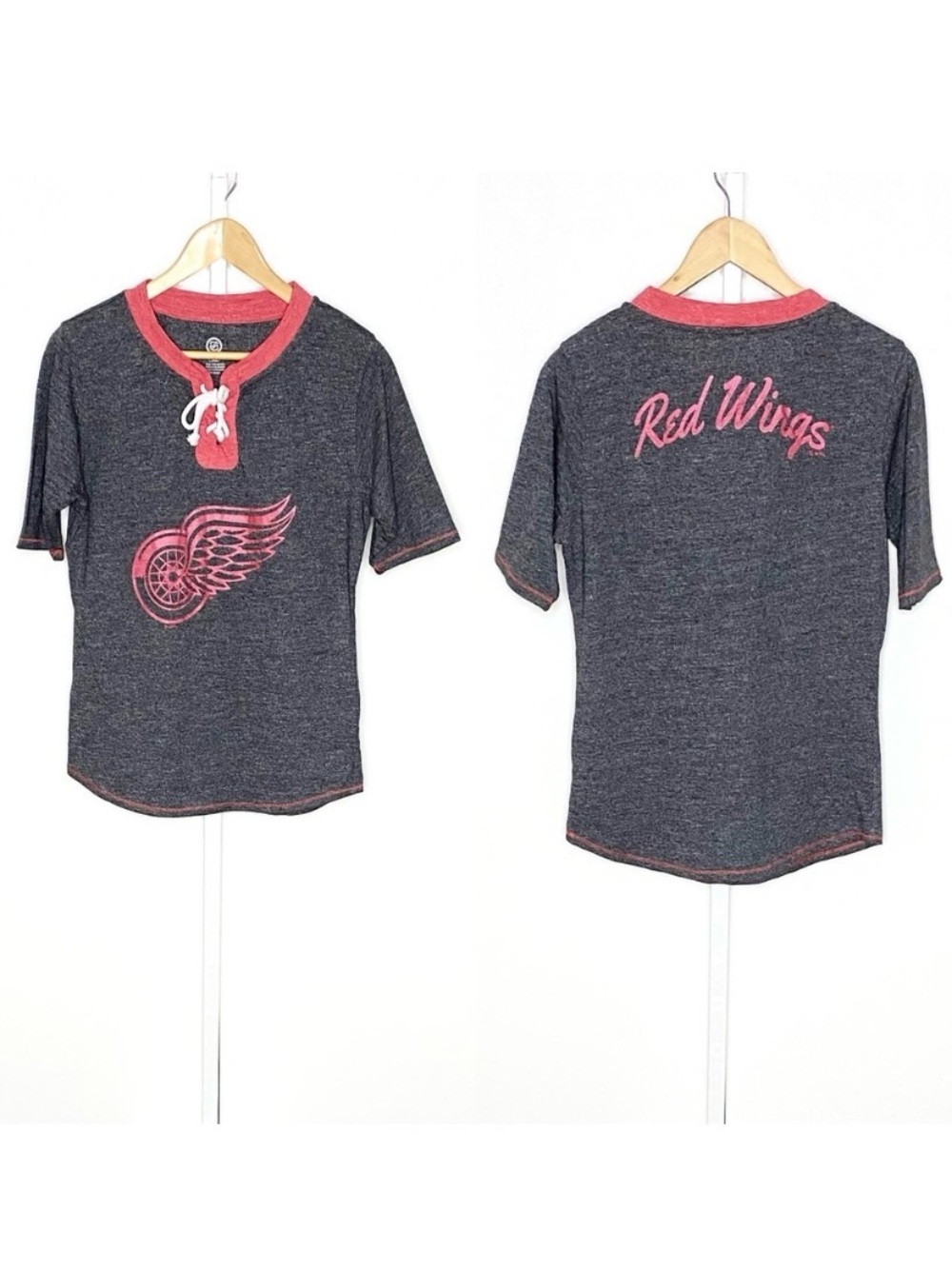 NHL | Red Wings Red/Grey Jersey-Style Lace-Up Neckline Short-Sleeve T-Shirt Sz L